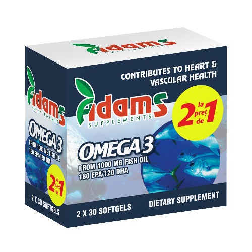 Pachet Omega 3 1000mg + Vitamina E 30cps Adams 1+1 GRATUIT